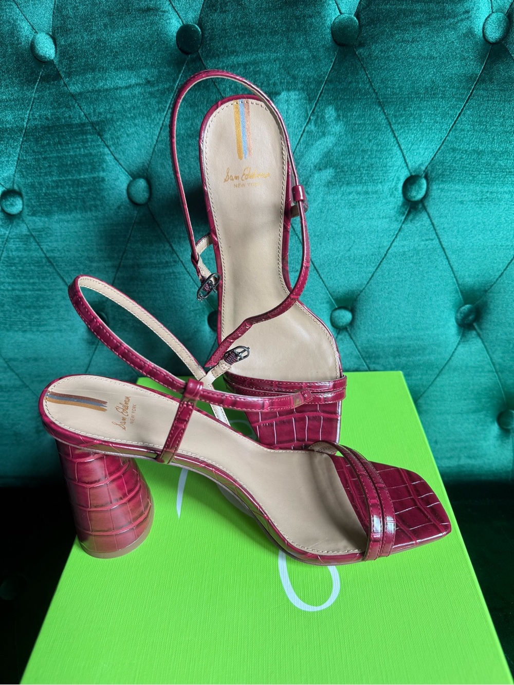NIB Sam Edelman Kit Croco Block Heel Sandals Rhubarb Red Leather Size 9.5